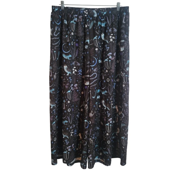ROMWE Pants - ROMWE 3XL Celestial Mushroom Forest Print Wide Leg Pants Black Blue Whimsigoth